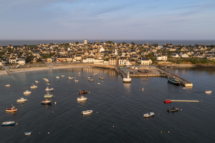 France, Finistère, Iroise Sea, Molene archipelago, Molene Island, the village and the port in the early morning (aerial view)