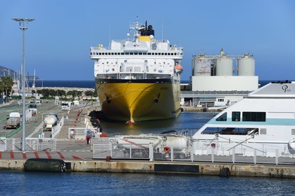 France, Haute Corse, Bastia, ferry at dock in the passenger and commercial harbor