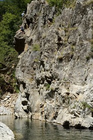 France, Ardeche, Monts d'Ardeche Regional Natural Park, Thueyts, the upper valley of the Ardeche River, the via ferrata of the Pont du diable (the Devil's Bridge)