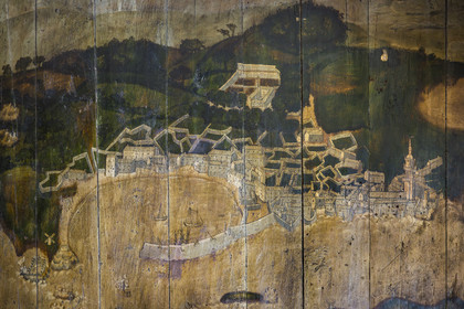 France, Finistère, Roscoff, shipowner's house called la Porte Noire (the Black Gate) built at the end of the 16th century by the James brothers and belonging today to Christian Kulig, master bedroom with murals on wooden partitions  representing Roscoff in the 18th century, city map around 1640