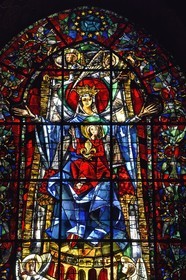 France, Bas Rhin, Strasbourg, old town listed as World Heritage by UNESCO, Notre Dame Cathedral, modern stained glass in the center of the choir depicting the Virgin and Child, gift of the Council of Europe with the twelve stars of the European flag visiblent at the top