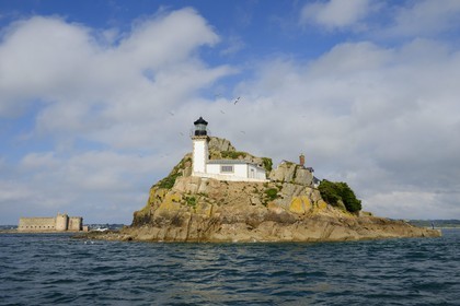 France, Finistere, Morlaix bay, Carantec, lighthouse of Louet island (also a guest house in summer) and the Chateau du Taureau