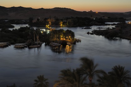 Egypt, Upper Egypt, Nubia, Nile Valley, Aswan, the Agha Khan mausoleum on the western bank dominating the first cataract and Amoun Island