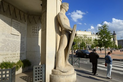 France, Rhone, Lyon, historical site listed as World Heritage by UNESCO, monument to the memory of the martyrs, five resistance fighters were executed by the German army at the corner of rue Gasparin and Place Bellecour on July 27, 1944