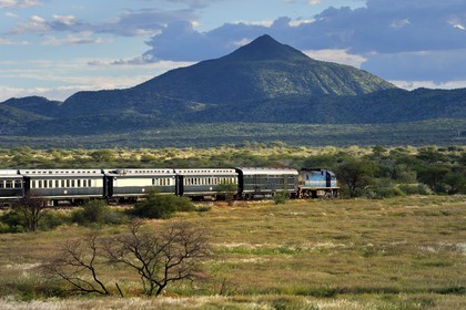 Namibia, Erongo region, the Shongololo express train crossing the Namibian bush