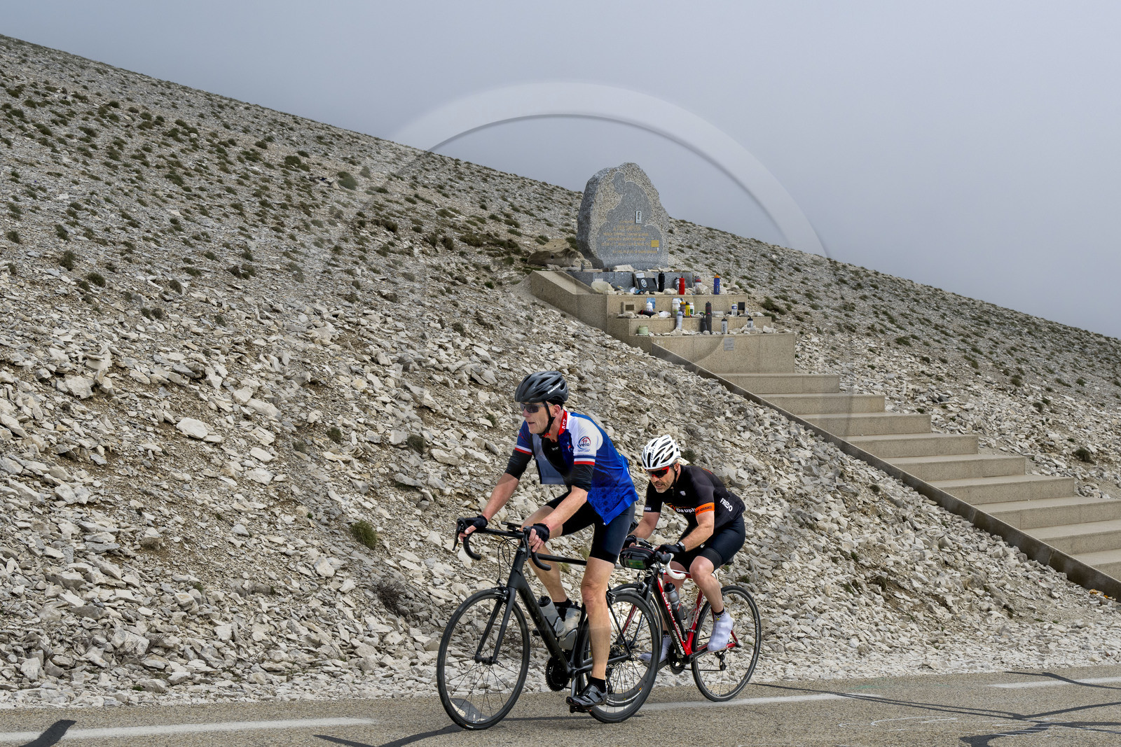 France, Vaucluse, Parc Naturel Regional du Mont Ventoux, Bedoin, bike ascent of Mont Ventoux by the D974 road on the southern slope, the monument in memory of Tom Simpson who died during the Tour de France