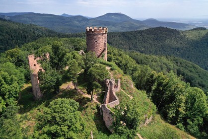 France, Haut Rhin, the Alsace Wine Route, Ribeauville, castle of Haut Ribeaupierre (or Altenkastel) (aerial view)