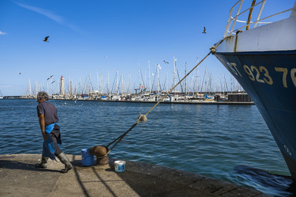 France, Herault, Sete, Fishing port and the mole Saint-Louis lighthouse in the background