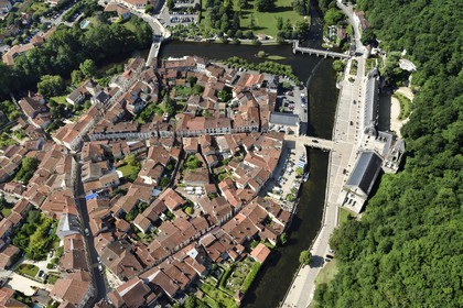 France, Dordogne, Brantome, Saint Pierre benedictine abbey along the Dronne river and the village (aerial view)