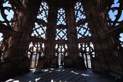 France, Bas Rhin, Strasbourg, old town listed as World Heritage by UNESCO, Notre Dame Cathedral, view from the inside of the arrow from the top of the octagonal tower (level 100m), it is equipped with eight external stairs hidden in this stone lace with a eight-sided pyramid complex design