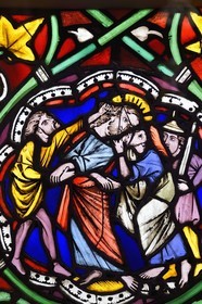 France, Bas Rhin, Strasbourg, old town listed as World Heritage by UNESCO, Musee de l'Oeuvre Notre Dame (Oeuvre Notre Dame museum), stained glass depicting the kiss of Judas (13th century)