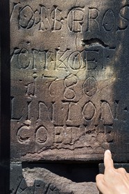 France, Bas Rhin, Strasbourg, old town listed as World Heritage by UNESCO, Notre Dame Cathedral, visitors having engraved in the sandstone of the octagonal tower their name in graffiti often by a guardian stonecutter, here Goethe with his friends in 1780
