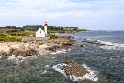 France, Morbihan, Groix Island, Locmaria, François Le Bail geological nature reserve, the Pointe des Chats lighthouse (aerial view)