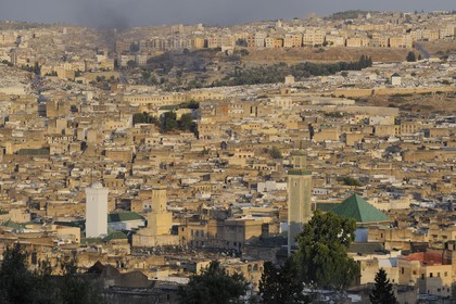 Maroc, Moyen Atlas, Fès, ville impériale, médina classée Patrimoine Mondial de l'UNESCO, le mausolée Zaouïa Moulay Idriss à droite et la mosquée Quaraouiyyine ou Karaouiyine à gauche au coeur de Fès el Bali