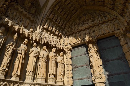 France, Moselle, Metz, Saint Etienne cathedral in pierre de Jaumont (stone of Jaumont), the portal of the Virgin, obstructed in the 18th century and restored in 1885