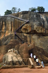 Sri Lanka, Central Province, Matale District, Sigiriya, Old city of Sigiriya listed as World Heritage by UNESCO, Rock of the Lion former Royal Palace, the legs of the lion whose head has today disappeared frames the staircase of access to the ruins of the fortress