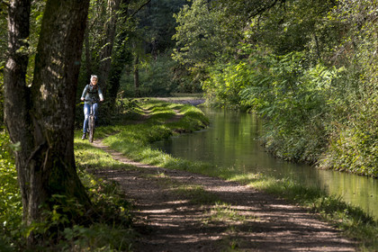 France, Nièvre (58), Parc naturel régional du Morvan, en amont de l'aqueduc de Montreuillon, cycliste sur le chemin bordant la Rigole d'Yonne qui puise les eaux de l'Yonne au lac de Pannecière et alimente le canal du Nivernais