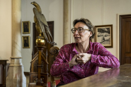 France, Cote d'Or, Beaune, area listed as World Heritage by UNESCO, Hospices de Beaune, art historian and curator of the Hôtel-Dieu site Sandrine Allard St-Alban