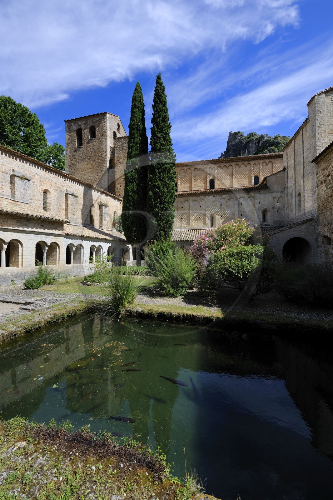 France, Hérault (34), village médiéval de Saint-Guilhem-le-Désert, étape du pélerinage de Saint-Jacques-de-Compostelle, labellisé Les Plus Beaux Villages de France, abbaye de Gellone du XIe siècle classée Patrimoine Mondial de l'UNESCO, Le cloître
