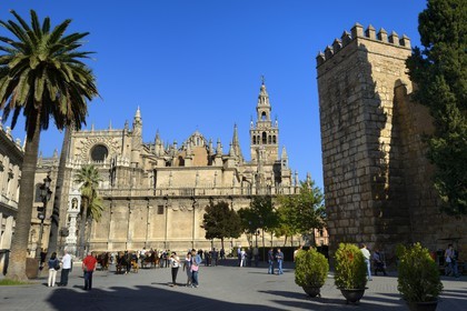 Spain, Andalusia, Seville, Santa Cruz district, the Giralda, former minaret almohade of the great Mosque reconverted into the bell tower of the cathedral, listed as World Heritage by UNESCO