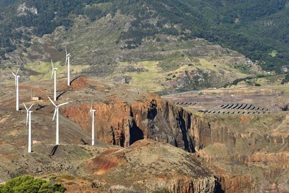 Portugal, Madeira Island, wind turbines at the Ponta de Sao Lourenço in the far east of the island, the Ponta do Rosto cliffs