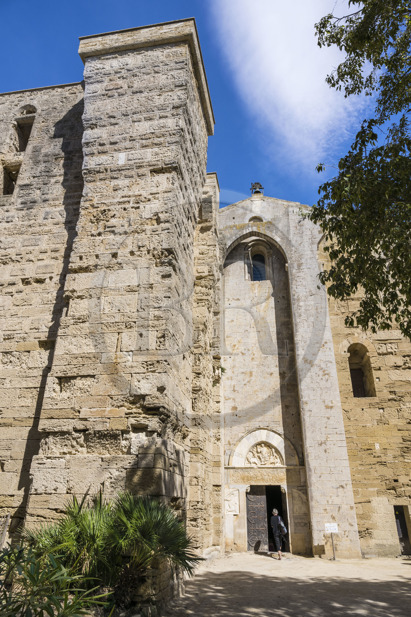 France, Hérault (34), Villeneuve-lès-Maguelone (Palavas-Les-Flots), cathédrale Saint-Pierre-et-Saint-Paul de Maguelone des XIIème et XIIIème siècles, le portail de la façade occidentale, le Christ est représenté en majesté sur le thympan, le linteau sculpté d'un rinceau d'acanthe au dessin raffiné