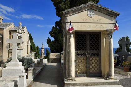 France, Alpes-Maritimes, Menton, old town, the St Michael Basilica bell tower seen from the Old Castle cemetery, marine cemetery