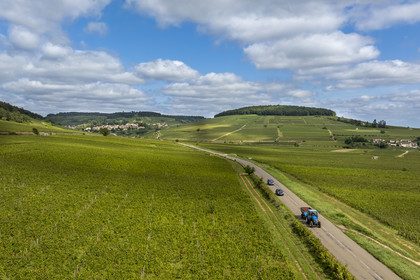 France, Cote d'Or, Climats terroirs of Burgundy listed as World Heritage by UNESCO, Route des Grands Crus, Cote de Beaune vineyard, Pernand-Vergelesses, the village and the hill of Corton in the background (aerial view)