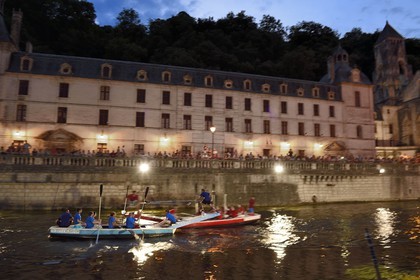 France, Dordogne, Brantome, water jousting on the Dronne river and Saint Pierre benedictine abbey