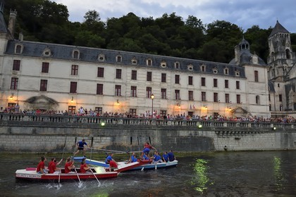 France, Dordogne, Brantome, water jousting on the Dronne river and Saint Pierre benedictine abbey