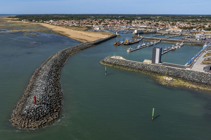 France, Charente Maritime, Oleron island, port of La Cotinière, flood basin built in 2022 at the foot of the new fish market (aerial view)