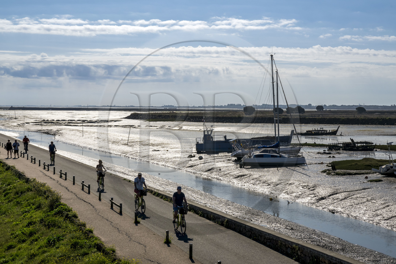 France, Vendée (85), Ile de Noirmoutier, Noirmoutier-en-l'Ile, port d'échouage dans l'Etier du Moulin et le canal longeant la chaussée Jacobsen