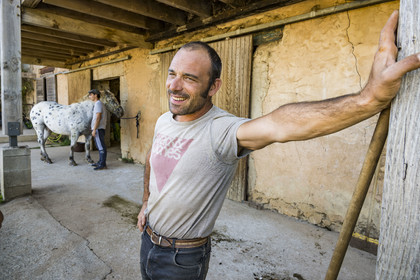 France, Hérault (34), les Causses et les Cévennes, paysage culturel de l'agro-pastoralisme méditerranéen inscrit au Patrimoine Mondial de l'UNESCO, La Vacquerie-et-Saint-Martin-de-Castries, le Mas de Cisco, Jordi Amposta dirige les activités équines avec sa compagne Alexandra Samard