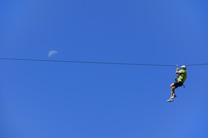 France, Ardeche, Monts d'Ardeche Regional Natural Park, Thueyts, the upper valley of the Ardeche River, the via ferrata of the Pont du diable (the Devil's Bridge)