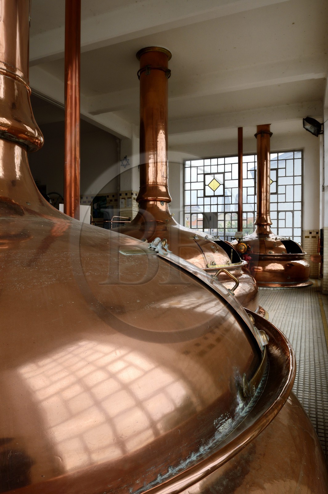 France, Meurthe-et-Moselle (54), Saint-Nicolas-de-Port, le Musée français de la brasserie installé dans une ancienne brasserie industrielle dont le bâtiment de 1931 de l'architecte Fernand César est un exemple de l'architecture industrielle Art déco, salle des cuves