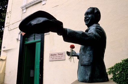 France, Aude, Narbonne, French singer Charles Trenet's statue in front of his family house