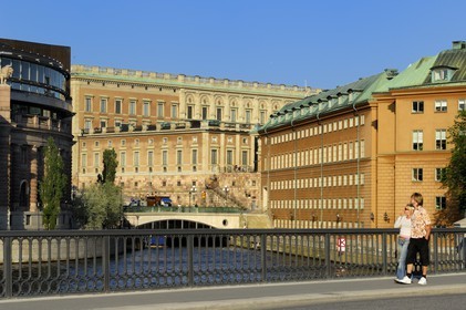 Sweden, Stockholm, Gamla Stan island (old town), the Parliament (Riksdagshuet) left and the Royal Palace in the center