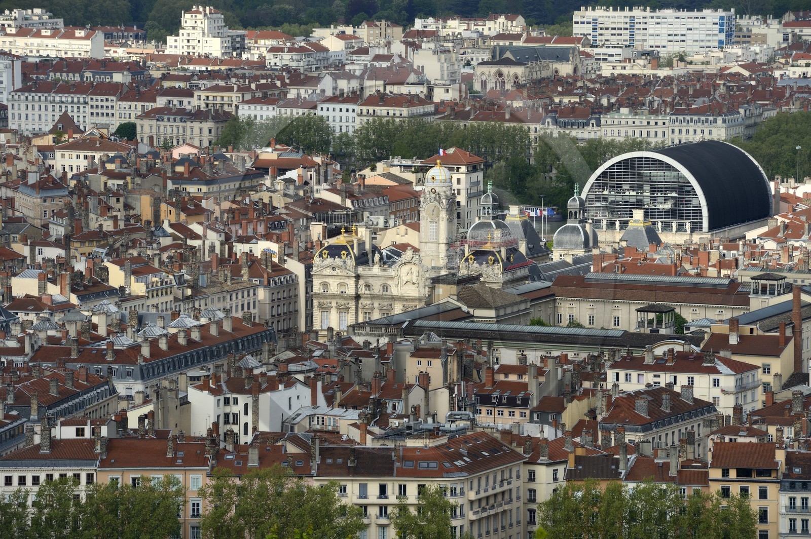 France, Rhone, Lyon, historical site listed as World Heritage by UNESCO, the City Hall on the Place des Terreaux and the Opera modern black roof in the background