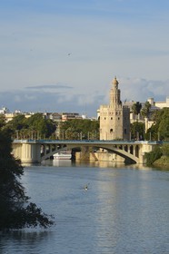 Espagne, Andalousie, Séville, en bordure du fleuve Guadalquivir, la Tour de l'Or (Torre del Oro), ancienne tour d'observation militaire construite au début du XIIIe siècle reconvertie en musée maritime
