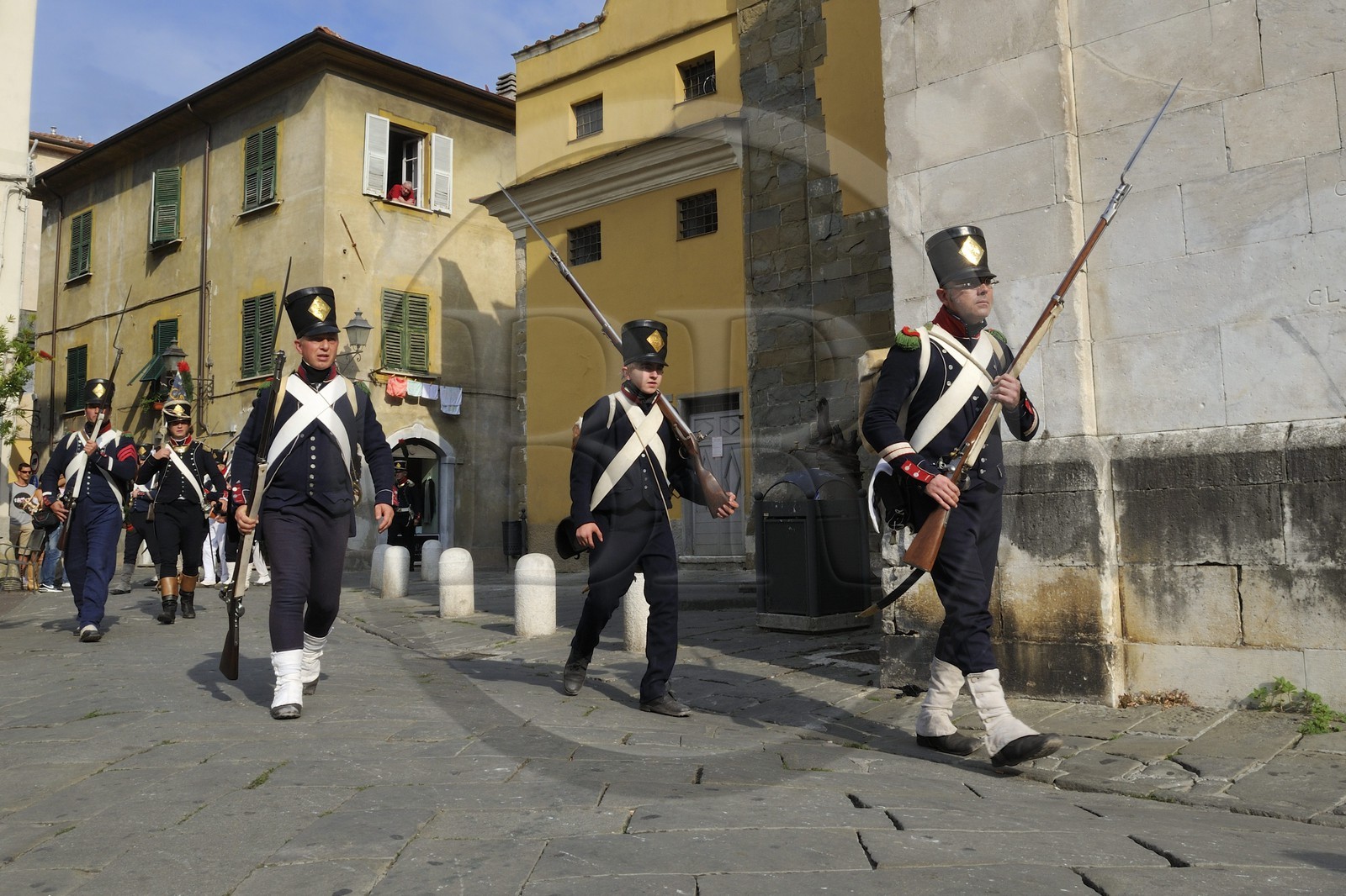 Italy, Liguria, Sarzana, Napoleon Festival, french soldiers of the Grande Armée of the 9th Regiment of Light Infantry patrolling the streets