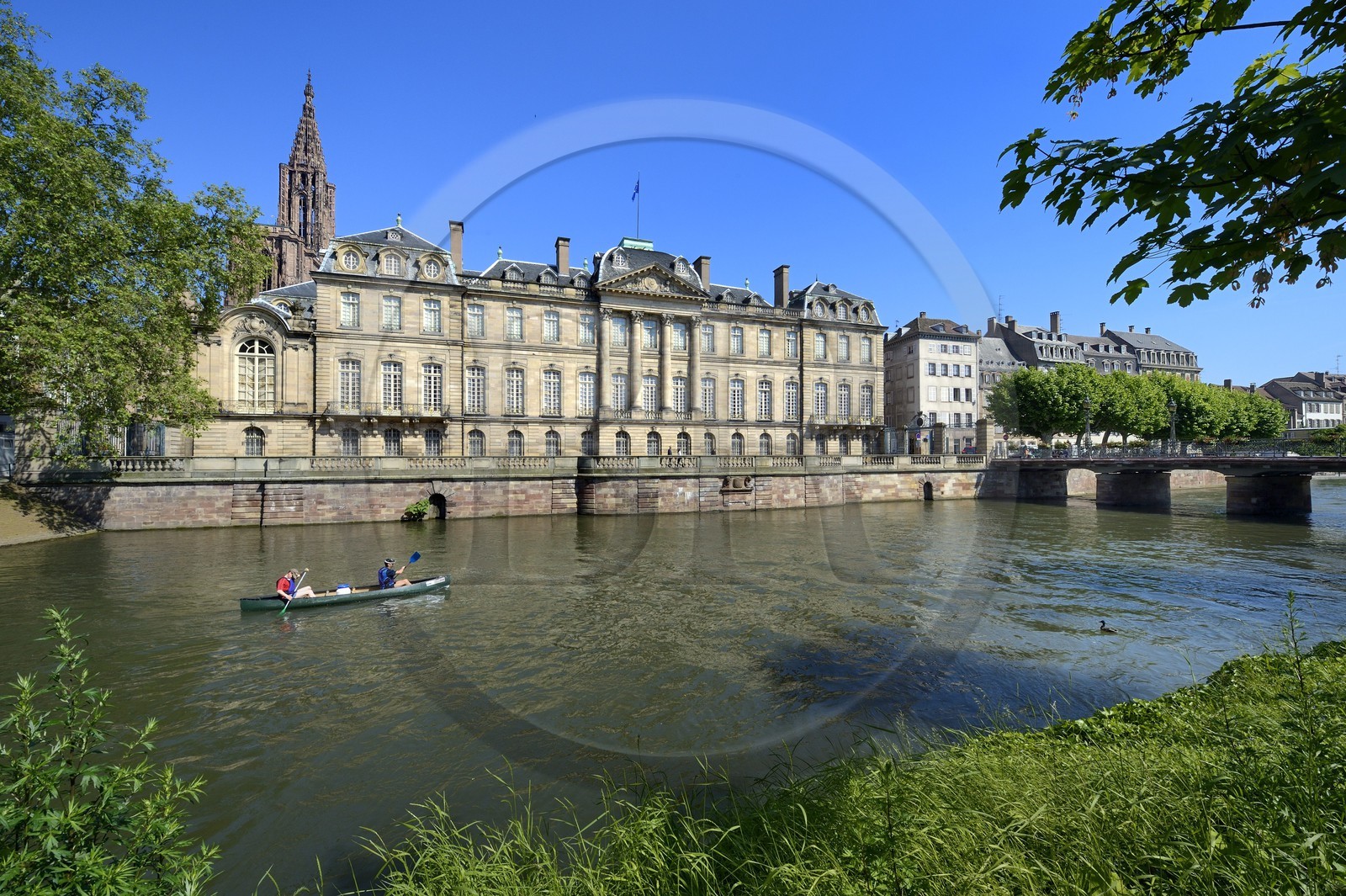 France, Bas-Rhin (67), Strasbourg, vieille ville classée au Patrimoine Mondial de l'UNESCO, le Palais des Rohan sur les bords de l'Ill qui abrite le Musée des Arts Décoratifs ainsi que des Beaux-Arts et d'archéologie, la cathédrale Notre Dame en arrière plan