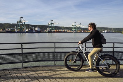 France, Seine-Maritime (76), Parc naturel régional des Boucles de la Seine normande, Hautot-sur-Seine, cycliste sur la veloroute face au Grand Port Maritime de Rouen