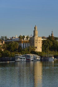 Espagne, Andalousie, Séville, en bordure du fleuve Guadalquivir, la Tour de l'Or (Torre del Oro), ancienne tour d'observation militaire construite au début du XIIIe siècle reconvertie en musée maritime