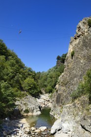 France, Ardeche, Monts d'Ardeche Regional Natural Park, Thueyts, the upper valley of the Ardeche River, the via ferrata of the Pont du diable (the Devil's Bridge)