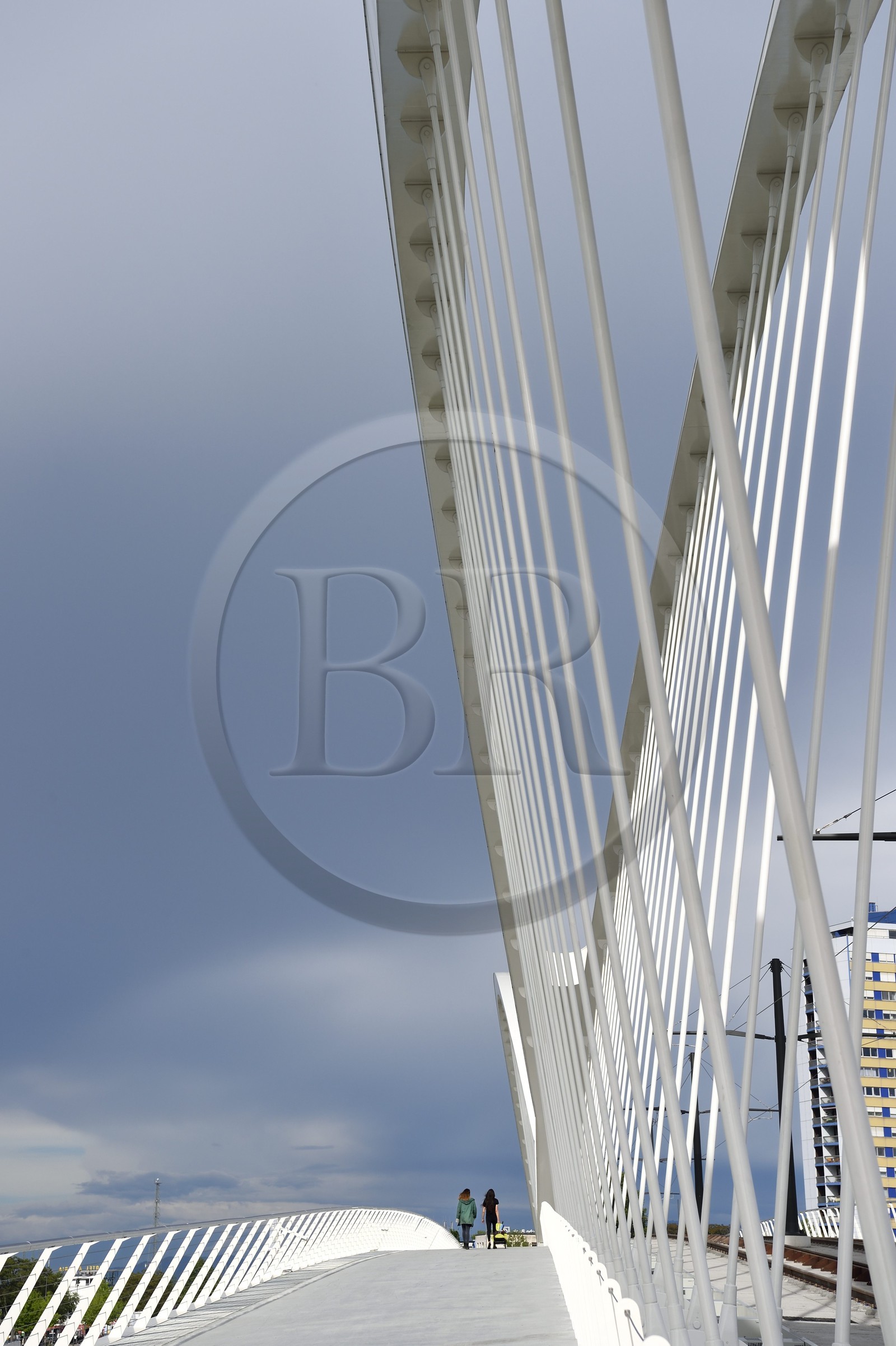 France, Bas-Rhin (67), Strasbourg, le pont piéton, vélo et du tram de la ligne D sur le Rhin reliant Strasbourg à Kehl en Allemagne inauguré le 28 avril 2017 appelé pont Beatus Rhenanus