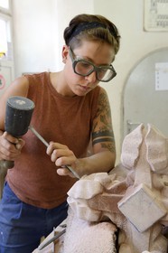 Germany, Baden-Wurttemberg, Freiburg im Breisgau, Mariella stone-cutter at the cathedral workshops
