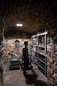 France, Côte-d'Or (21), Paysage culturel des climats de Bourgogne classés Patrimoine Mondial de l'UNESCO, Route des Grands Crus, vignoble de la Côte de Nuits, Gevrey-Chambertin, Domaine Dugat, Bertrand Dugat dans sa cave à vin