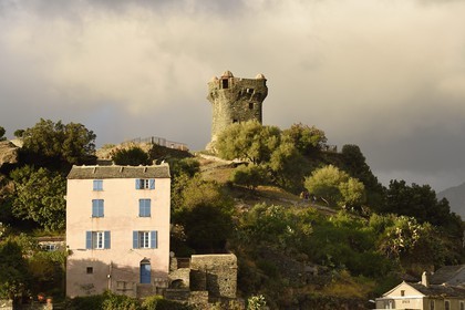 France, Haute Corse, Cap Corse, the hilltop village of Nonza and the Paoline Tower (Torra paolina)