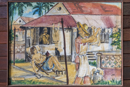 France, Guyane, Cayenne, musée départemental Alexandre-Franconie, peintures réalisées par un bagnard, Francis Lagrange dit Flag, condamné pour escroquerie et faux monnayage mais qui était aussi faussaire et artiste, elles retracent la vie (et le mort) au bagne