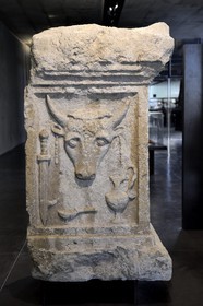 France, Dordogne, White Perigord, Perigueux, Vesunna museum, Gallo-Roman museum and site designed by architect Jean Nouvel (legal reference), Taurobolic altar dedicated to Cybele and imperial Numina found in Périgueux